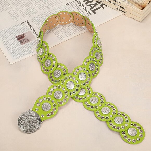 Women Vintage Disc Waist Concho Leather Belt Boho Waist Belt Light Green Silver - Picture 7 of 7